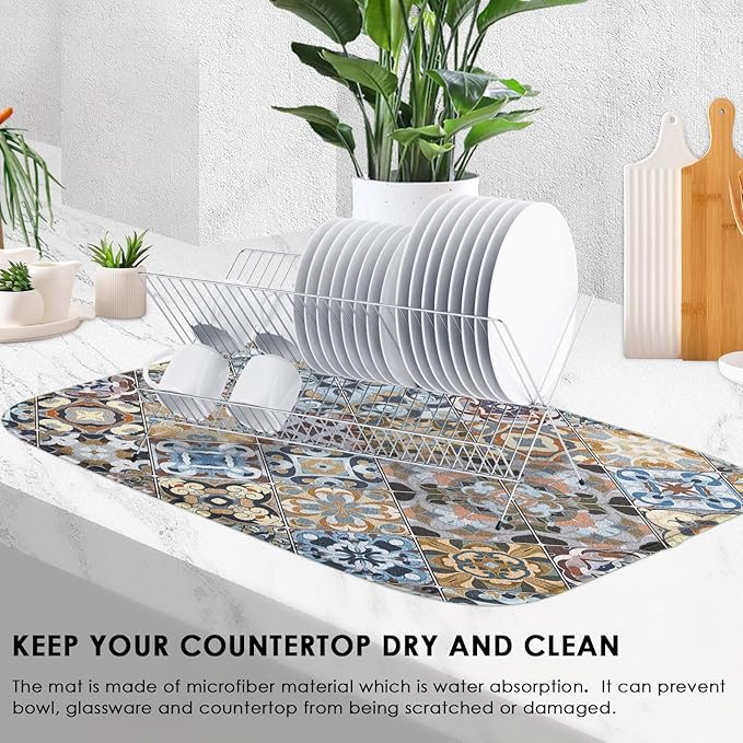 Sanwarm Absorbent Dish Drying Mat, Retro Colorful Tiles Vintage Floral Microfiber Pad for Kitchen Counter, Coffee Bar Decor, Heat Resistant and Reversible, 16" x 18"