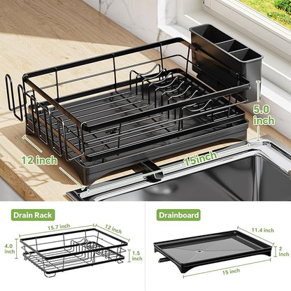 Ekisemio Dish Drying Rack for Kitchen Counter - Large Capacity Dish Drainer with Cutlery Holder & Drip Tray, Space Saving Kitchen Organizer (12x15.7), Black