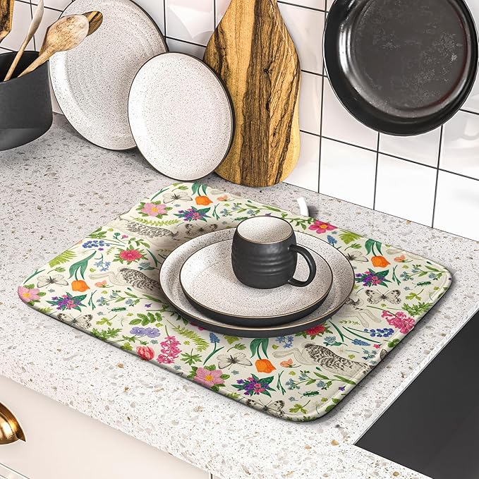 Spring Easter Dish Drying Mat for Kitchen Counter 16x18 Rabbit Bunny Green Pink Floral Vintage Print Absorbent Reversible Microfiber Drying Mats Kitchen Countertop Protector Dishes Drainer Rack Pad