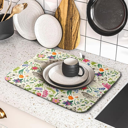 Spring Easter Dish Drying Mat for Kitchen Counter 16x18 Rabbit Bunny Green Pink Floral Vintage Print Absorbent Reversible Microfiber Drying Mats Kitchen Countertop Protector Dishes Drainer Rack Pad