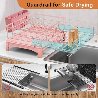 Laveshop Dish Drying Rack - Expandable Rack, Large Capacity Dish Drainer for Kitchen Counter, Rust-Proof with Utensil Holder, Pink