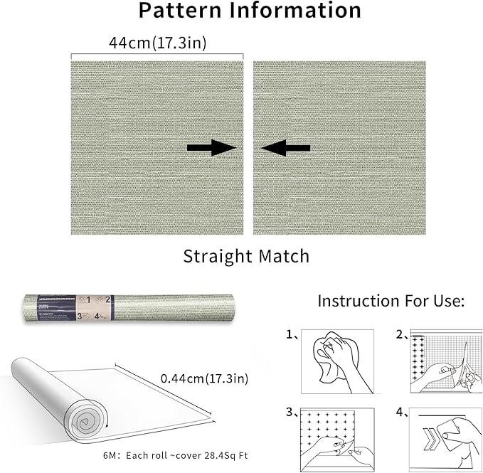Simon&Siff Green Textured Grasscloth Peel and Stick Wallpaper 17.7"x197" Neutral Faux Grassweave Wallpaper Waterproof Self Adhesive Removable Wallpaper Mural for Home Decor Bedroom Kitchen Cabinet