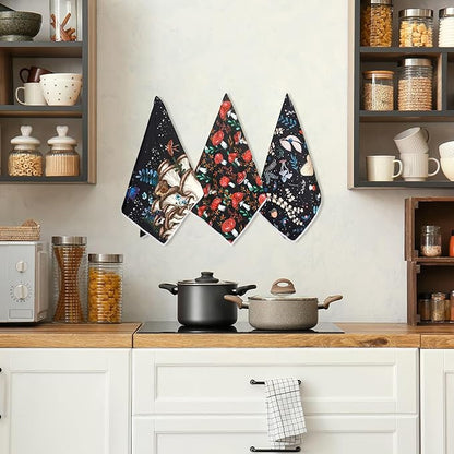 Zubebe 6 Pcs Mushroom Kitchen Towel Set - Vintage Black Dish Towels 18 x 28 Inch - Poster Style Hand Towels - Colorful Rustic Tea Towels for Cooking Baking - Housewarming Gift