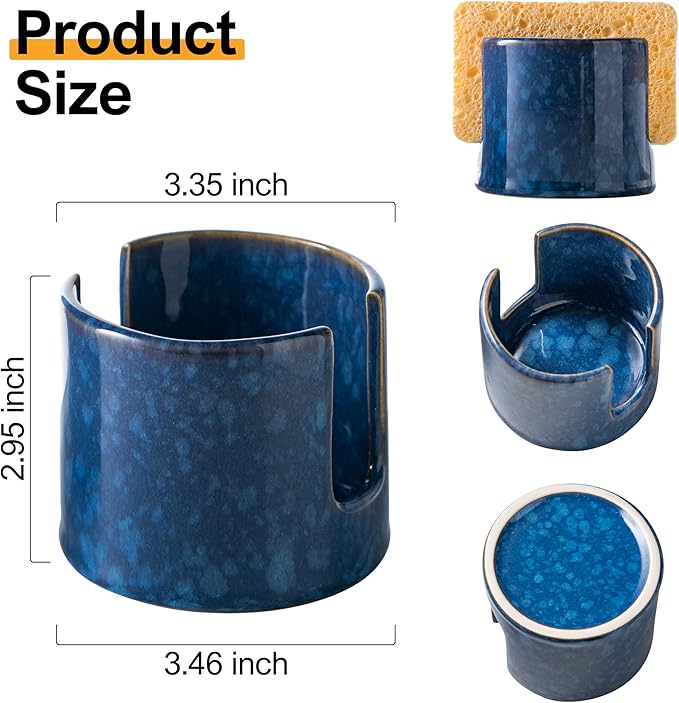 Zoeeker Kitchen Sponge Holder, Ceramic Sponge Organizer Scrubby Holder Sink Caddy Dish Rack for Kitchen and Bathroom, Farmhouse Decor, Blue