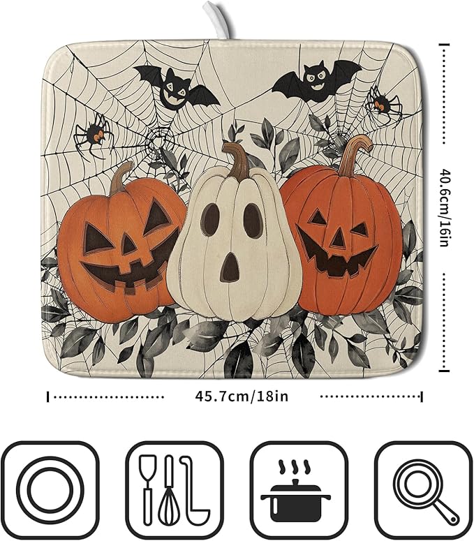 Halloween Pumpkin Dish Drying Mat for Kitchen Counter 16x18 Black Bat Spiderweb Holiday Scary Theme Absorbent Reversible Microfiber Drying Mats Kitchen Countertop Protector Dishes Drainer Pad