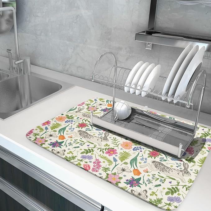 Spring Easter Dish Drying Mat for Kitchen Counter 18x24 Rabbit Bunny Green Pink Floral Vintage Print Absorbent Reversible Microfiber Drying Mats Kitchen Countertop Protector Dishes Drainer Rack Pad
