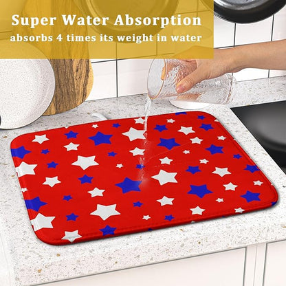 Fourth of July Independence Memorial Dish Drying Mat for Kitchen Counter,Blue White Star Patriotic Red Drying Mat 16 x 18 Inch with High Absorbent Microfiber Dish Drying Mat for Coffee Bar