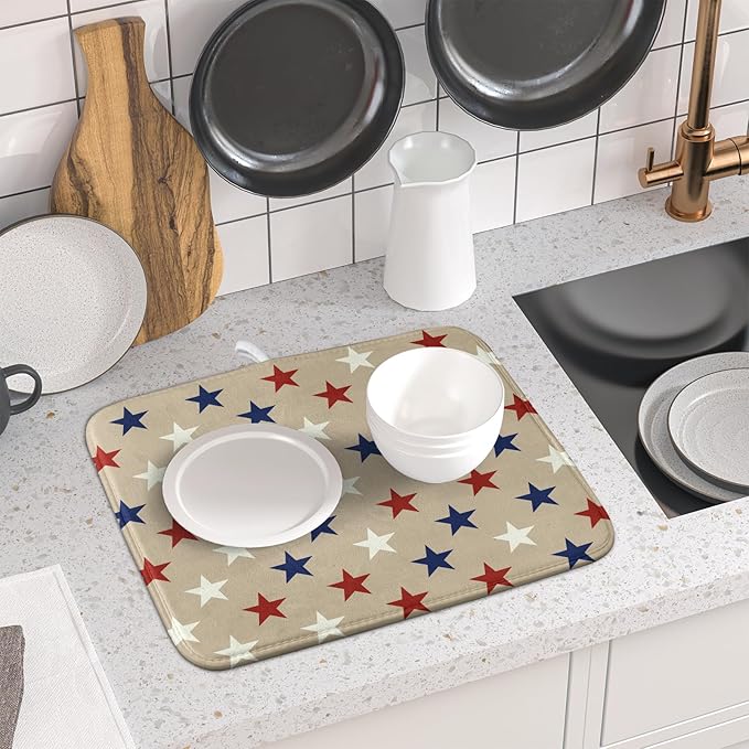 Patriotic July of 4th Blue Red White Star Dish Drying Mat for Kitchen Counter 16x18 Independence Day Absorbent Reversible Microfiber Drying Mats Kitchen Countertop Protector Dishes Drainer Rack Pad