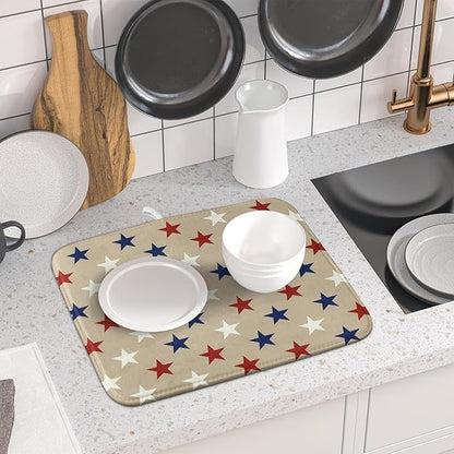 Patriotic July of 4th Blue Red White Star Dish Drying Mat for Kitchen Counter 16x18 Independence Day Absorbent Reversible Microfiber Drying Mats Kitchen Countertop Protector Dishes Drainer Rack Pad