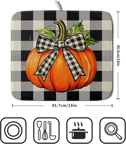 Fall Dish Drying Mat for Kitchen Counter 16x18 Autumn Pumpkin Plaid Theme Thanksgiving Day Absorbent Reversible Microfiber Drying Mats Kitchen Countertop Protector Dishes Drainer Pad