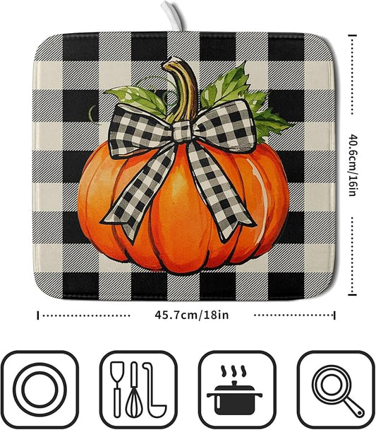 Fall Dish Drying Mat for Kitchen Counter 16x18 Autumn Pumpkin Plaid Theme Thanksgiving Day Absorbent Reversible Microfiber Drying Mats Kitchen Countertop Protector Dishes Drainer Pad
