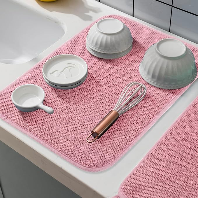 GeeRic Microfiber Dish Drying Mat, Super Absorbent Kitchen Dish Drying Pad for Mother's Day, Reversible Gift Mats for Countertop, 17.8 * 23.6 inch Pink