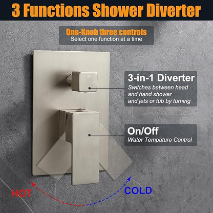 Enga Shower System Body Jets with On-Off Switch, 16 Inch Rain Shower Head System Full Body Spray Massage Shower Set, Multi Head Shower Faucet Combo, Brushed Nickel