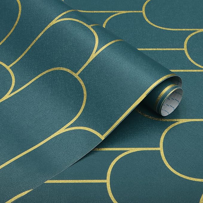Yasinet Peel and Stick Wallpaper Green and Gold Wallpaper Dark Green Contact Paper Modern Geometric Removable Self Adhesive Wall Paper for Bedroom/Cabinet Waterproof for Bathroom Vinyl 197" x 17.3"
