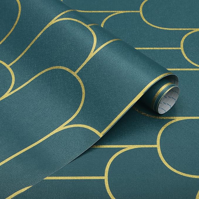 Yasinet Peel and Stick Wallpaper Green and Gold Wallpaper Modern Dark Green Contact Paper Gold Geometric Removable Self Adhesive Wall Paper for Bedroom/Cabinet Waterproof Bathroom Vinyl 393.7" x 17.3"