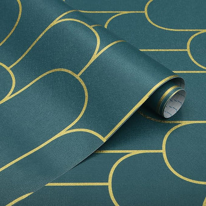 Yasinet Peel and Stick Wallpaper Green and Gold Wallpaper Modern Dark Green Contact Paper Gold Geometric Removable Self Adhesive Wall Paper for Bedroom/Cabinet Waterproof Bathroom Vinyl 393.7" x 17.3"