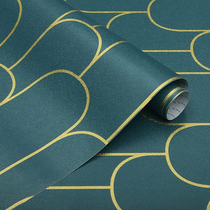 Yasinet Peel and Stick Wallpaper Green and Gold Wallpaper Dark Green Contact Paper Modern Geometric Removable Self Adhesive Wall Paper for Bedroom/Cabinet Waterproof for Bathroom Vinyl 17.3''x118''