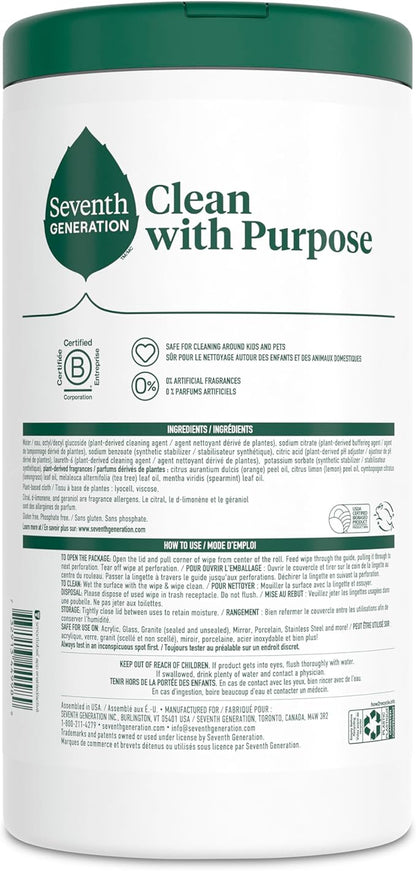 Seventh Generation Multi Surface Wipes, Pack of 3, for all purpose cleaning, lemon zest scent with 100% essential oils and botanical ingredients, 70 ct each