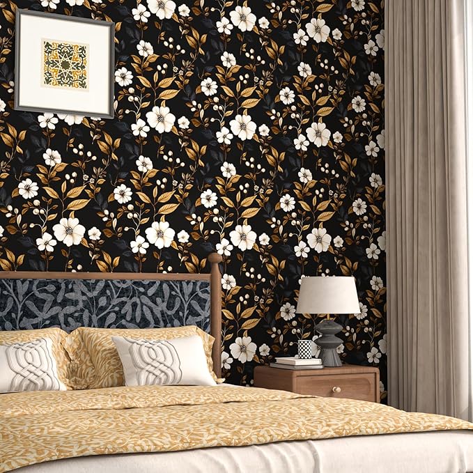 Fvlow Vintage Black Floral Wallpaper Peel and Stick 17.4" x 118", Retro Golden Leaf White Flower Pattern Contact Paper Classic Removable Covering for Bedroom Bathroom Cabinet Drawer Home Decor Dark