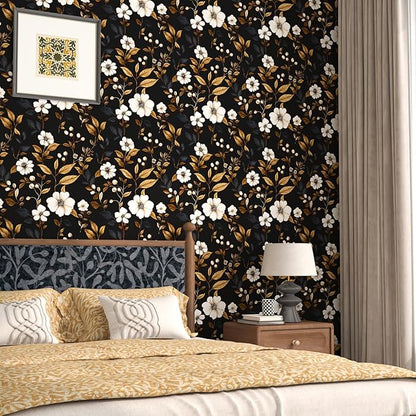 Fvlow Vintage Black Floral Wallpaper Peel and Stick 17.4" x 118", Retro Golden Leaf White Flower Pattern Contact Paper Classic Removable Covering for Bedroom Bathroom Cabinet Drawer Home Decor Dark
