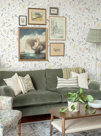 Dimoon 118"x16.1" Floral Peel and Stick Wallpaper Beige Contact Paper Thicken Wallpaper Delicate Flower Waterproof Green Leaf White Self Adhesive Removable Wall Paper Shelf Liner Decal Vinyl Roll