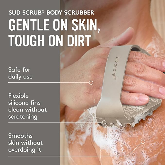 Sud Scrub® Antimicrobial Silicone Body Scrubber, Exfoliating Body Brush for Sensitive Skin, Antibacterial Shower Scrubber for Body, Bathroom Essentials for Men & Women, Clay