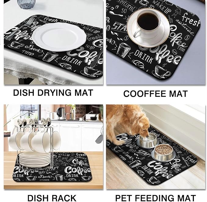 Dish Drying Mat for Kitchen Counter 2 Pack with Non-Slip Rubber Backing - Heat-Resistant Absorbent Coffee Bar Mat, Dish Rack Mat, Coffee Dish Drying Mats 18x24+19.5x12 inch