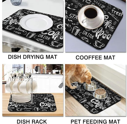 Dish Drying Mat for Kitchen Counter 2 Pack with Non-Slip Rubber Backing - Heat-Resistant Absorbent Coffee Bar Mat, Dish Rack Mat, Coffee Dish Drying Mats 18x24+19.5x12 inch
