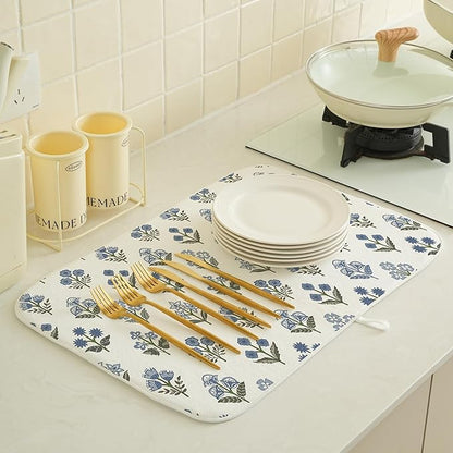 Block Print Dish Drying Mat 18x24 Inches For Kitchen Counter Boho Blue Flower Kitchen Decoration Drying Mat Modern Decorative Floral Drying Pad Mat for Home Kitchen Decor,Dining Room,Office