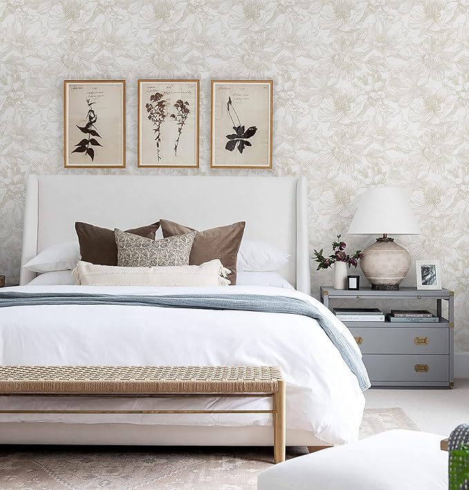 Ismoon Large Floral Peel and Stick Wallpaper Boho Beige Contact Paper 17.3inx6.5ft Neutral Wall Paper Removable Self Adhesive Wallpaper Bedroom Cabinet Bathroom Waterproof Mural Wall Decor Vinyl Roll