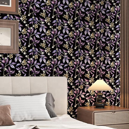 Extra Long Vintage Purple Leaves Wallpaper, 17.5In x 393In Black Botanical Design Self-Adhesive Removable Wall Paper for Bedroom Bathroom Cubicle Vinyl Dark Moody Contact Paper Wall Decor