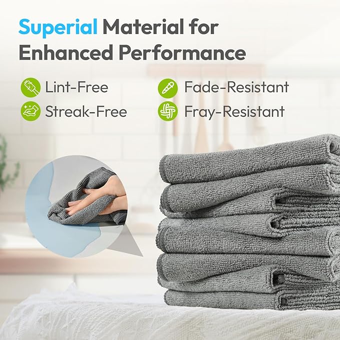 12 Pack Microfiber Cleaning Cloth, 12x12 Inch Professional Detailing Towels, Ultra Absorbent Lint Free Car Rags for Washing, Polishing, Buffing and Drying (Grey)