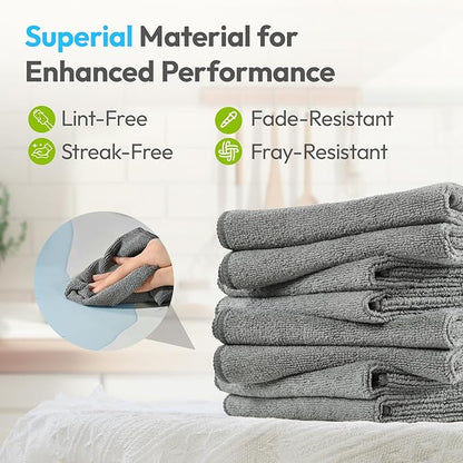 Microfiber Cleaning Cloth 12"X12" 24 Pack Grey Lint Free Microfiber Towels for Cars-Extra Thick, Streak-Free, Fast Absorbent - Reusable Multi-Purpose Housekeeping Rags for Cars