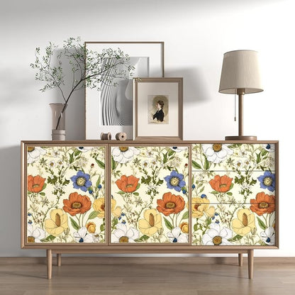 Floral Wallpaper Peel and Stick, Yellow/Orange Blooming Flowers Contact Paper, Vintage Botanical Wall Paper Self Adhesive Waterproof Removable for Bedroom Shelves Cabinet Drawer Table 17.5" x 393.7"
