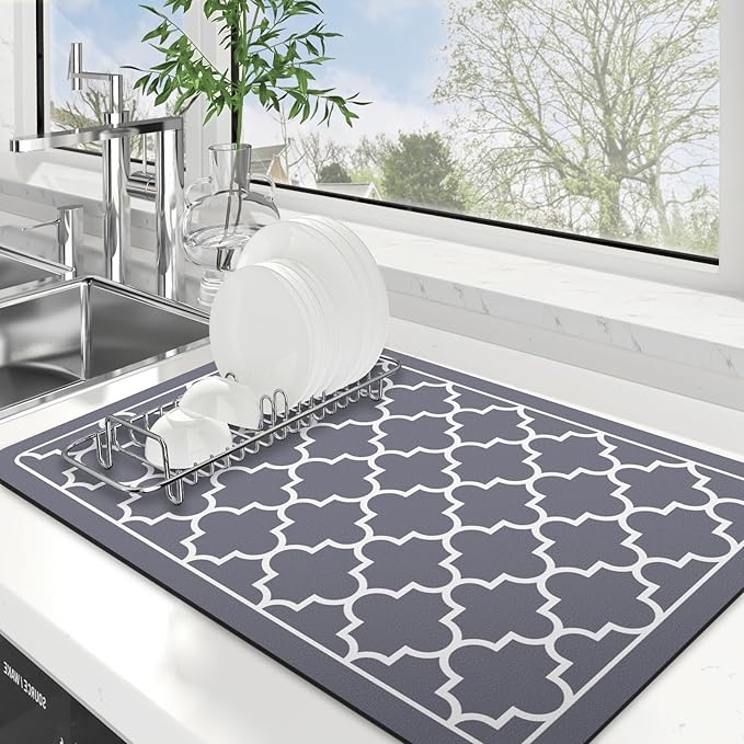 WISELIFE Dish Drying Mat Super Absorbent Drying Mat Large Dish Drying Mats for Kitchen Counter Easy Clean Dish Mat Kitchen Drying Mat16"x 24" Stylish Grey
