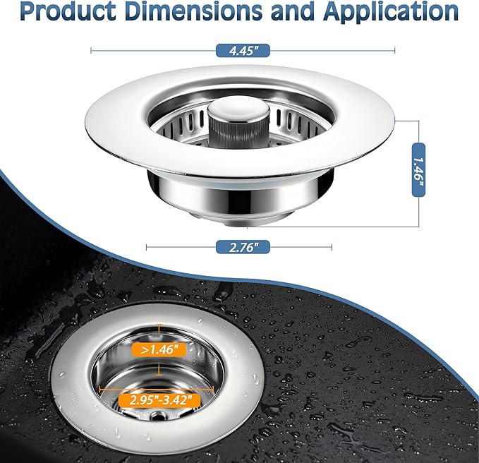 Kitchen Sink Drain Strainer 2 Pack, 304 Stainless Steel Pop Up Sink Stopper, Anti-Clogging Sink Drain Strainer for US Standard Kitchen Drain (Chrome)