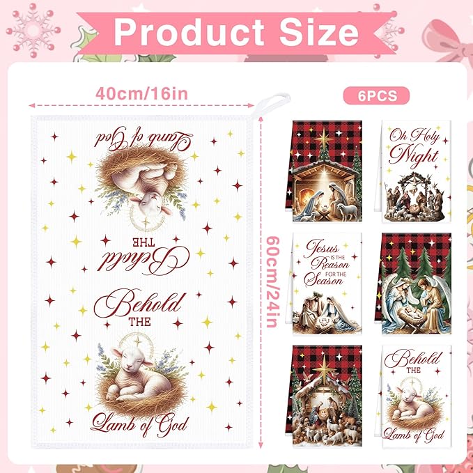 Christmas Kitchen Towels, 6PCS Nativity Religious Hand Tea Towels Set Xmas Housewarming Gifts, Jesus is The Reason for The Season Kitchen Dish Clothes Bathroom Holiday Decor Supplies