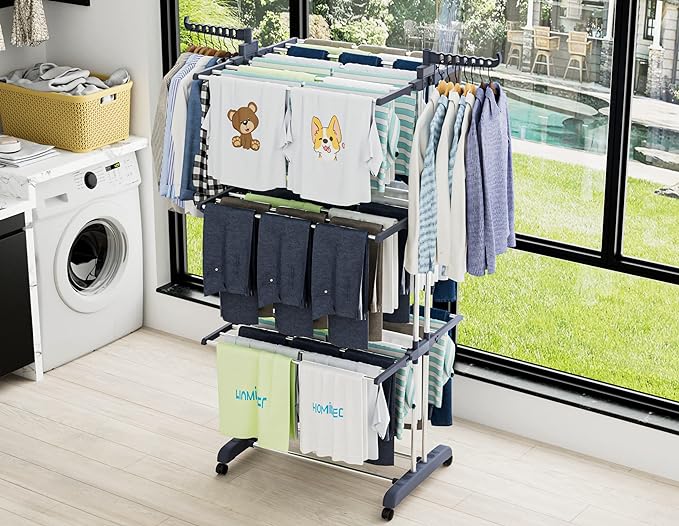 HOMIDEC Clothes Drying Rack, Oversized 4-Tier(67.7" High) Foldable Stainless Steel Drying Rack Clothing, Movable Drying Rack with 4 castors, 24 Drying Poles and 14 Hooks for Bed Linen, Clothing, Grey