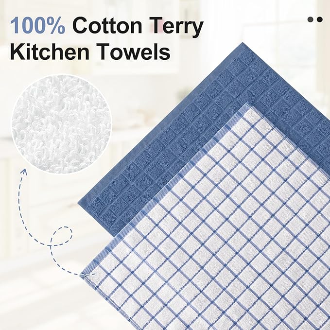 Homaxy Premium Cotton Kitchen Towels 16"x 28", Large Natural Ring Spun 390 GSM Dish Towels, Super Absorbent Terry Kitchen Hand Towels, Soft Tea Towels with Hanging Loop, Navy Blue Check, 12 Pack