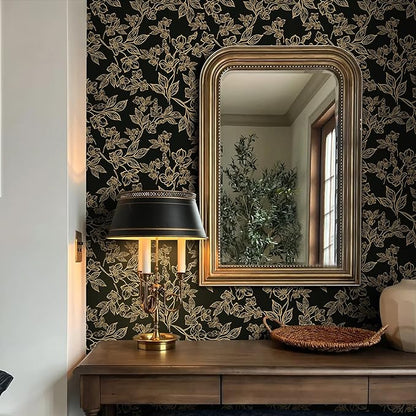 Ismoon Peel and Stick Wallpaper Black and Gold Stick on Wallpaper Dark Floral 17.3x78.7in Black Modern Wall Paper Removable Self Adhesive Contact Paper for Bedroom Cabinets Shelf Liner Vinyl