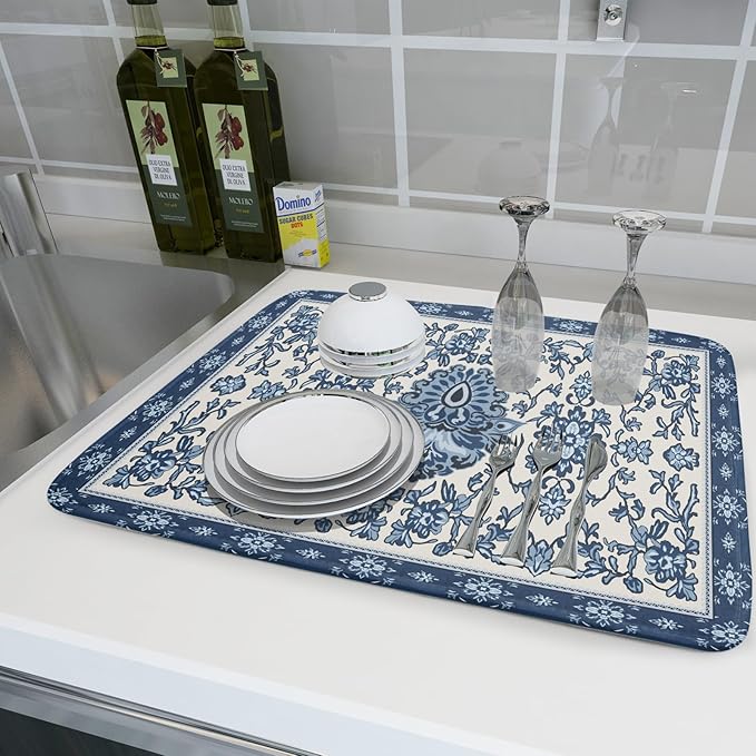 Boho Floral Blue Dish Drying Mat for Kitchen Counter 18x24 Vintage Chinoiserie Flower Print Absorbent Reversible Microfiber Drying Mats Kitchen Countertop Protector Dishes Drainer Rack Pad