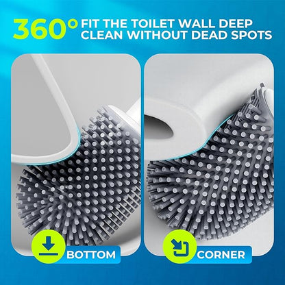 Silicone Toilet Brush, L-Shaped Toilet Brush and Holder Set, Bathroom Toilet Brush with Long Non-Slip Handle, Wall Mounted or Floor Standing Design, for Home and RV Use