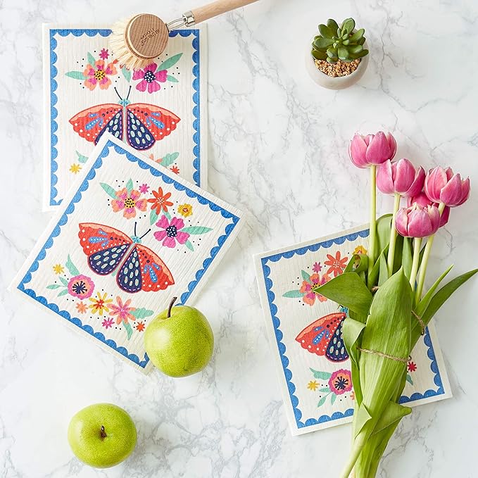 DII Swedish Dishcloths for Kitchen & Cleaning, Reusable, Machine Washable & Dishwasher Safe, Biodegradable, 7.75 x 6.75, Butterfly Folk, 3 Piece