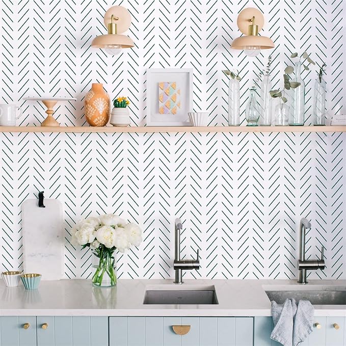 Orainege Green Peel and Stick Wallpaper Herringbone Contact Paper 17.7 in x 196.8 in Modern Geometric Removable Wallpaper Peel and Stick Green and White Chevron Decorative Self Adhesive Wall Paper