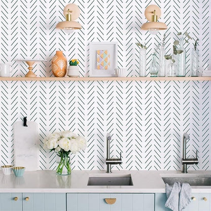 Orainege Green Peel and Stick Wallpaper Herringbone Contact Paper 17.7 in x 196.8 in Modern Geometric Removable Wallpaper Peel and Stick Green and White Chevron Decorative Self Adhesive Wall Paper