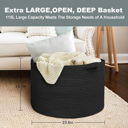 115L Super Large Black Blanket Basket, 23.6"x15.7" Woven Rope Bin for Storage, Oversized Kids Dog Toy Storage Box Bins, XXXL Blanket Holder for Living Room, Jumbo Wicker Basket for Organizing
