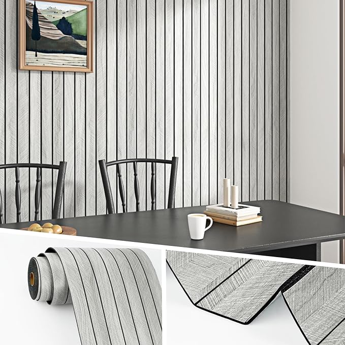 Wallercity 3D Gray Wood Panels for Walls Self Adhesive Acoustic Slat Wall Paneling for Bedroom Bathroom Peel and Stick Panel Soundproof Flexible Wooden Slat Wallpaper for Ceiling Decor 11.7''x197''