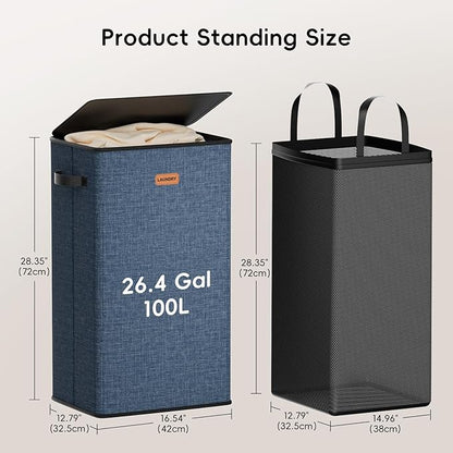 100L Laundry Hamper with Lid, Large Clothes Hampers with Removable Bag, Collapsible Laundry Basket for Bathroom, Bedroom, Laundry Room, Dorm, Navy Blue
