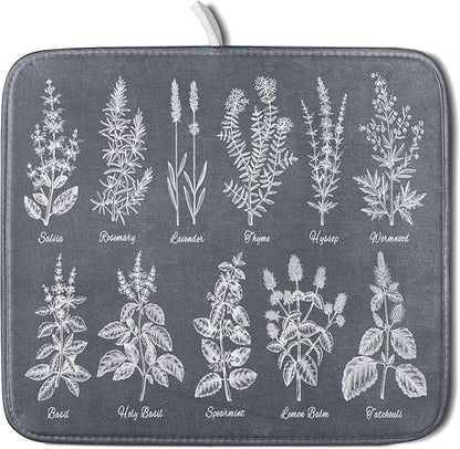 Flower Herbs Dish Drying Mat Wild Plant Dish Rack Mat with Hanging Loop Fast Dry Dish Drainer Pad for Kitchen Counter Sink 16x18 Inch