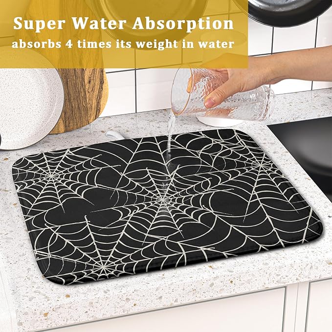Halloween Dish Drying Mat for Kitchen Counter 16x18 Spider Web Black Holiday Scary Theme Absorbent Reversible Microfiber Drying Mats Kitchen Countertop Protector Dishes Drainer Pad